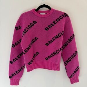 Balenciaga Hot Pink Logo Intarsia Crewneck Sweater